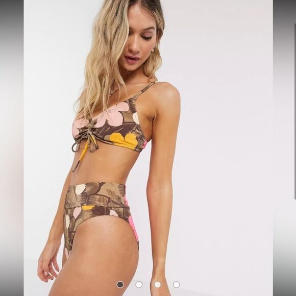 Aerie High Cut Cheeky Bikini Bottom Scoop Rib Top Set Brown Pink - Picture 2 of 14